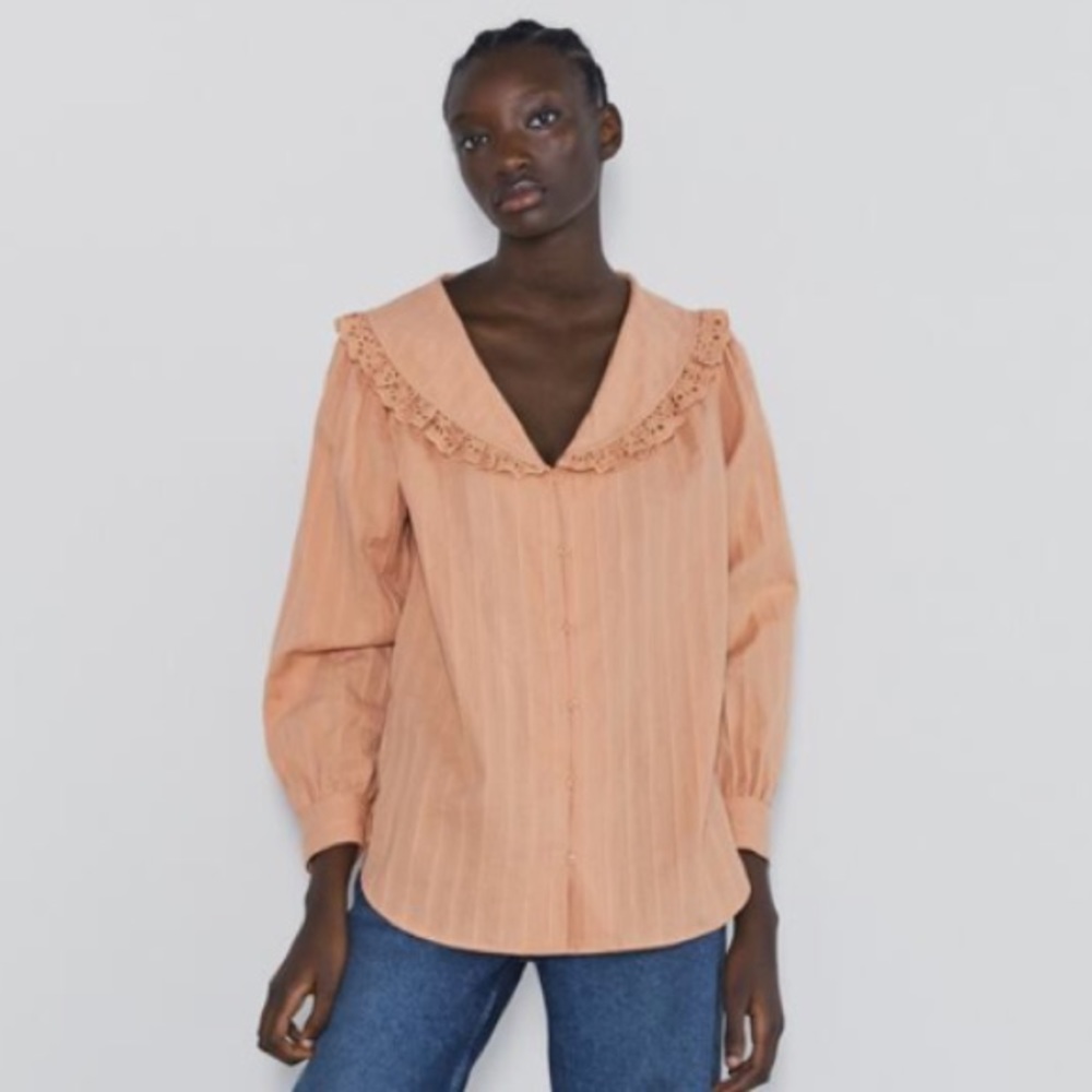 Zara ruffled collar blouse beige pink
